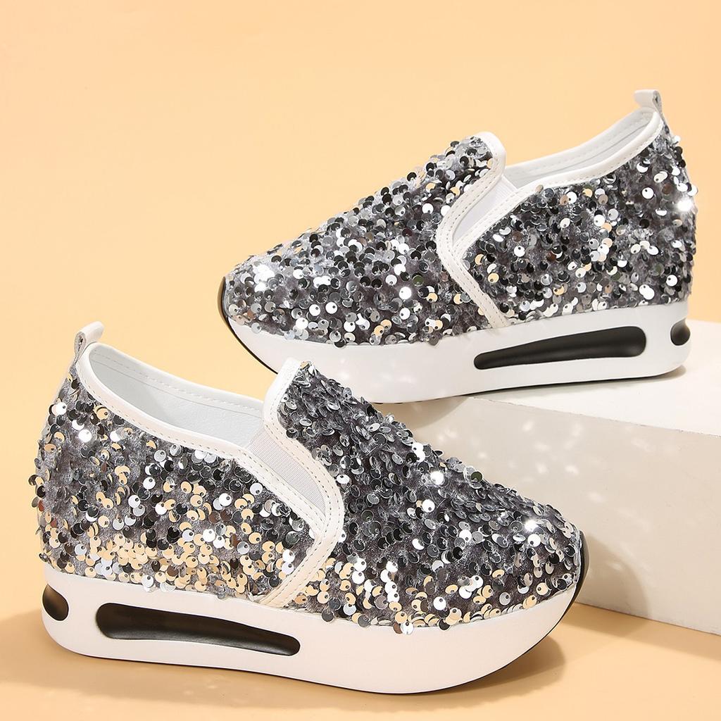 Кроссовки женские Allover Sequin Platform Slip-On Muffin Tennis Flat Женские спортивные туфли-лоферы Slip-on Platform Elegant Shoes