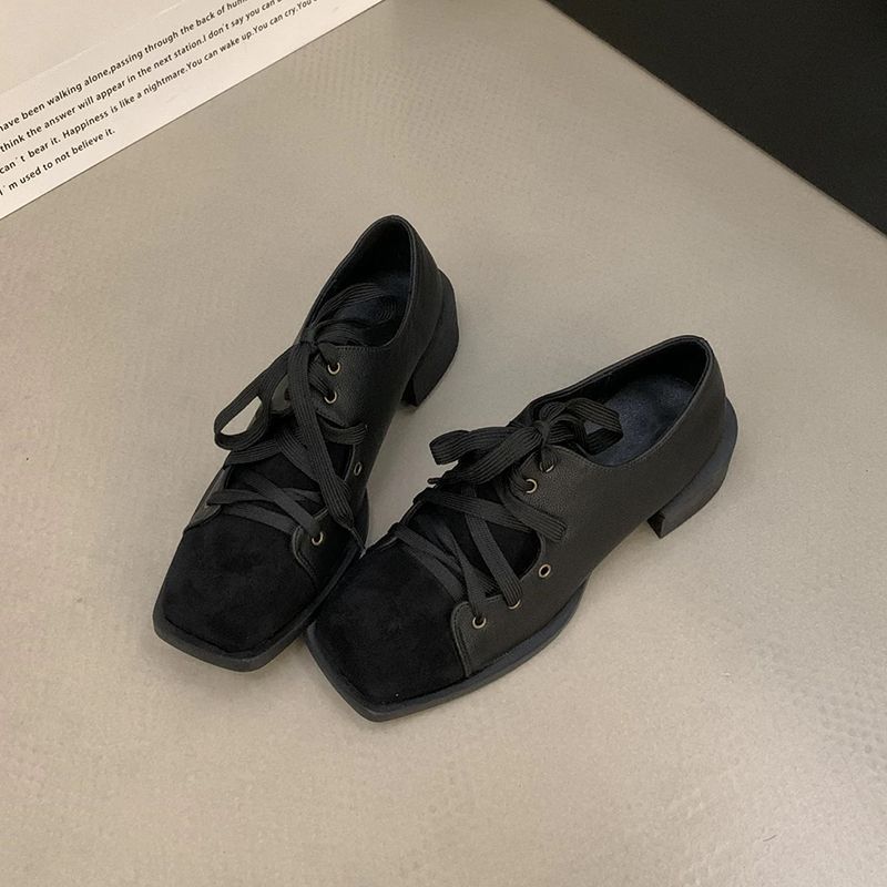 Модная ретро британская шнуровка квадратный носок одинарная обувь женская весна 2025 новый нишевый дизайн толстый каблук туфли Мэри Джейн