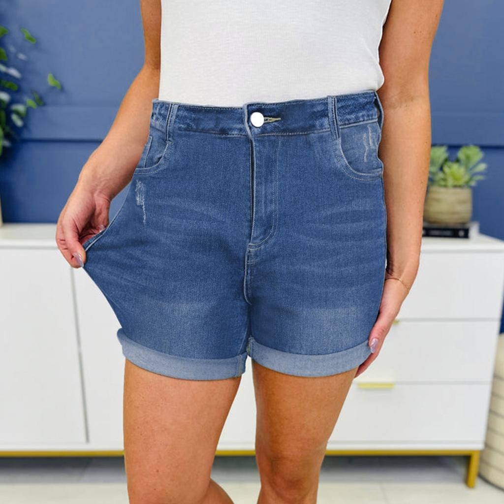 High Waist Elastic Waist Mid Length Shorts-Casual High Waisted Denim Shorts,Stretch Jean Shorts With Adorable Double Pockets