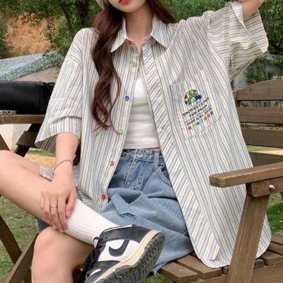 Галстук в стиле колледжа Полосатая женская рубашка Свободная Универсальная Повседневная Рубашка с коротким рукавом Американский Ретро Однобортный Топ