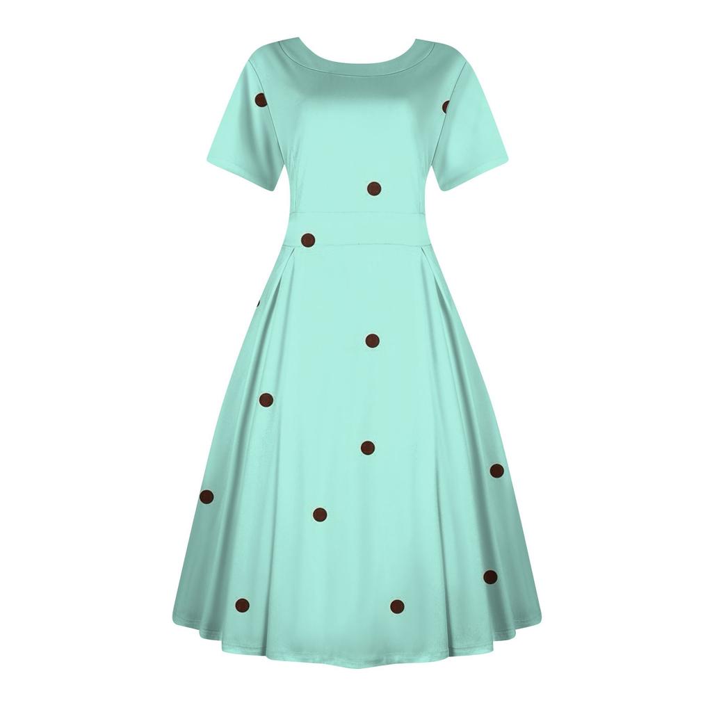 Women's Casual Fashion Dress Vintage Sunflower Printed Round Short Sleeve Waisted Midi Long Big Swing Dresses