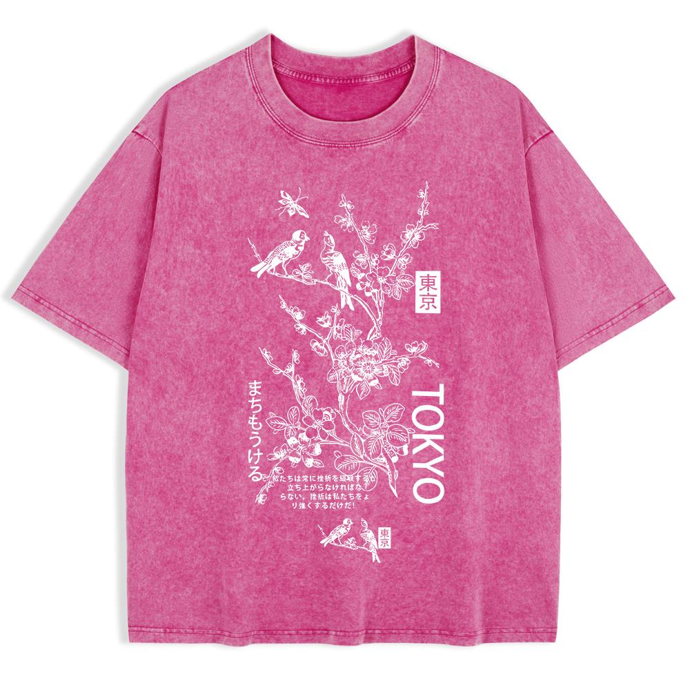 Мужские стираные футболки с принтом «Цветущая сакура и птицы Токио» Хлопок Оверсайз Футболка Летние Топы с коротким рукавом и круглым вырезом Одежда
