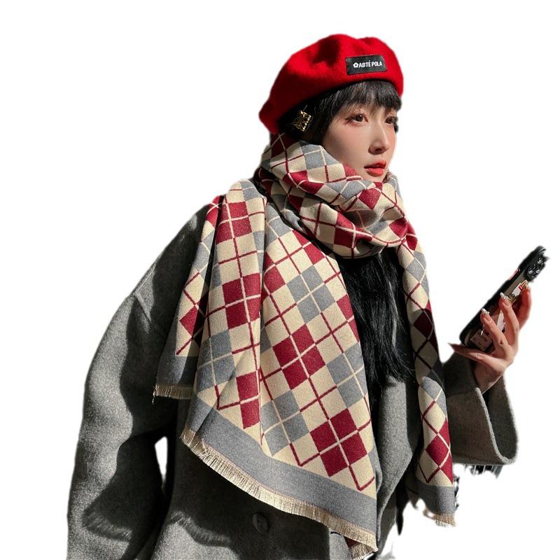 2024 Autumn/Winter New Color Blocked Imitation Cashmere Women'S Tassel Shawl Thickened Warm Double Sided Jacquard Wool Scarf