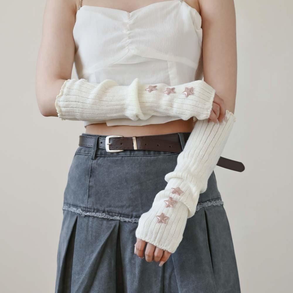 Long Knitted Fingerless Sleeves Solid Color Warmer Long Cuff Y2K Star Arm Cover Girls