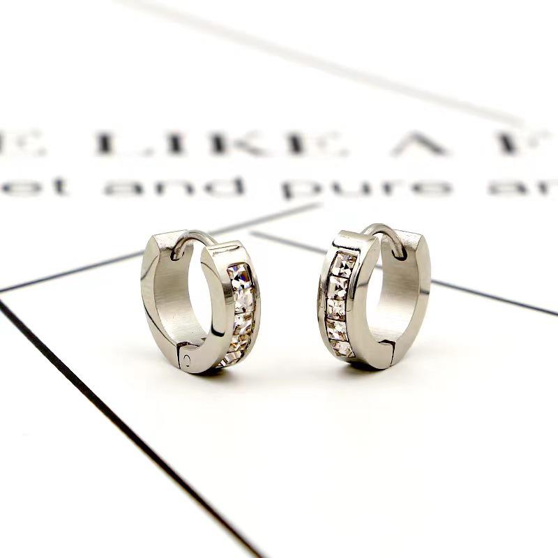 Korean-Style Titanium Steel Flash Diamond Buckle Earrings for Men & Women