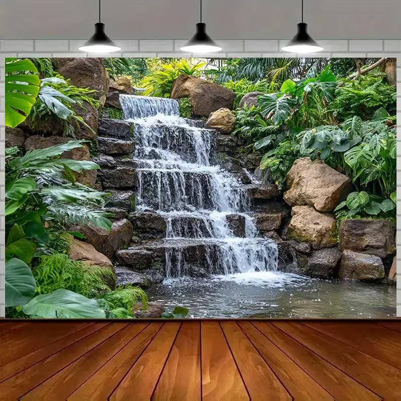 2D тропический водопад, фон для фотосъемки, зеленые растения, камни, природа