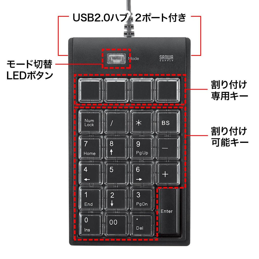 Sanwa Supply Programmable Numeric Keypad with Assignment Wired USB 23 Keys Switch Button NT-19UH2BKN Function, Connection, Membrane, +