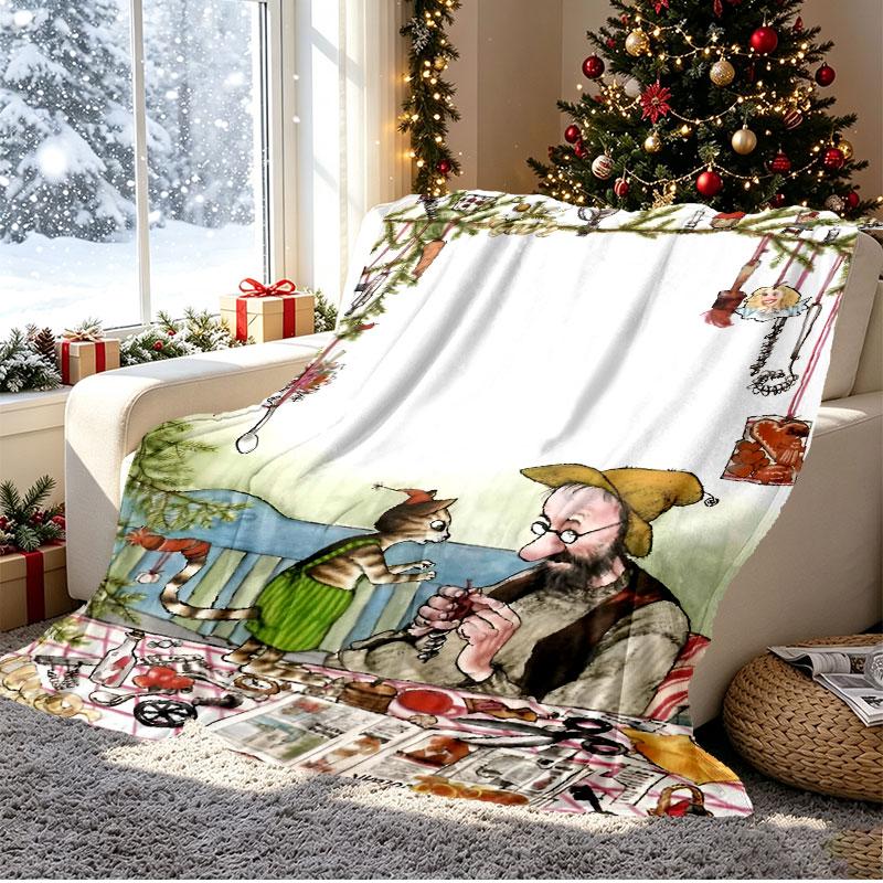 Pettersson und Findus Pattern Blanket for Home Decoration, Bed, Sofa, Car Travel, Camping, Suitable for All Seasons, Birthday Christmas Gift