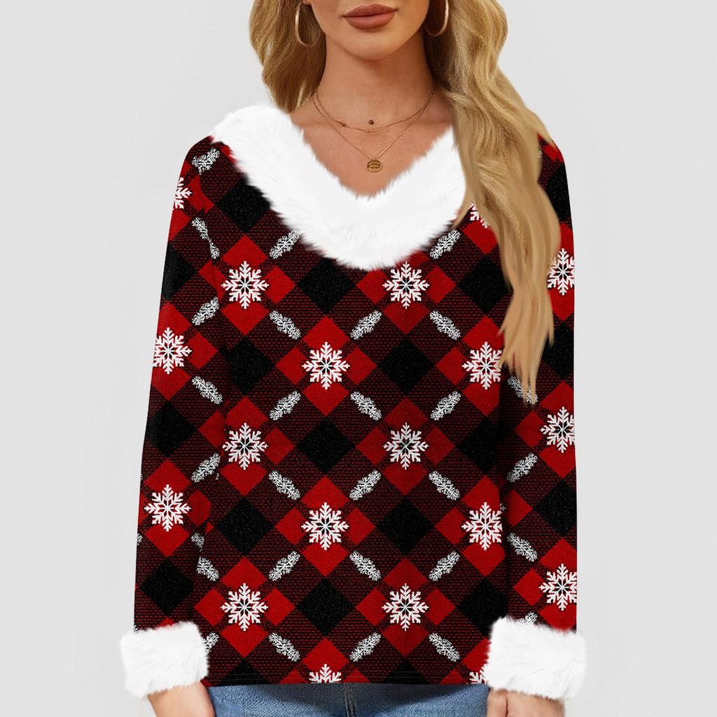 Женская футболка с рождественским принтом, длинный рукав, флисовый воротник, V-образный вырез, футболка