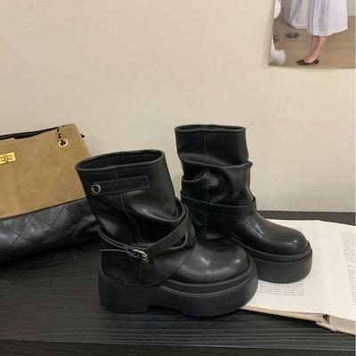 2025 осень и зима новые круглый носок низкий голенище тонкие мартины маффин толстая подошва короткие ботинки модная пряжка ремня женские короткие ботинки