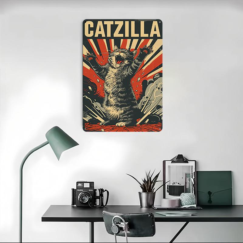 Catzilla Забавный Кот Металлический Постер Настраиваемое Настенное Искусство Ретро Винтажные Жестяные Таблички для Мужской Пещеры Игровой Комнаты Декорация Уютный Дом