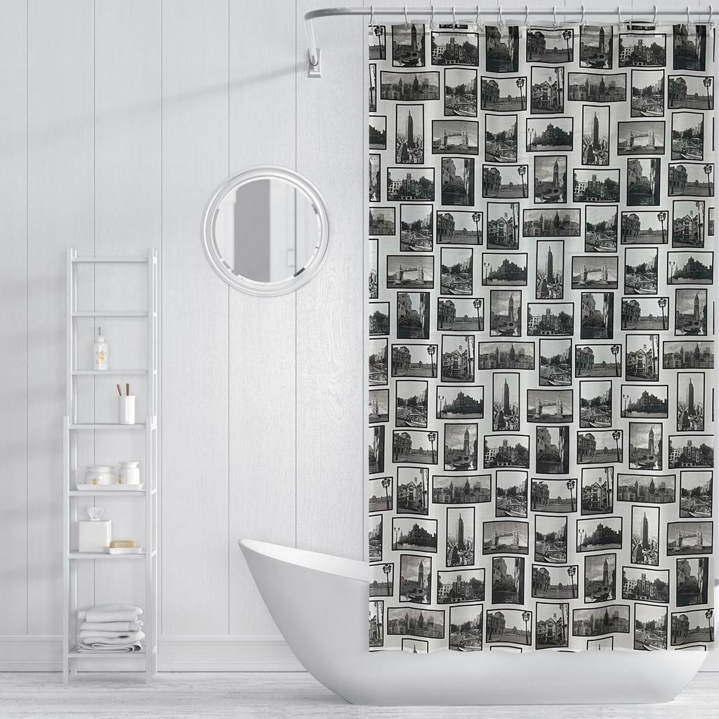 Black White City View Waterproof Polyester Bathroom Shower Curtain No Drill Hooks