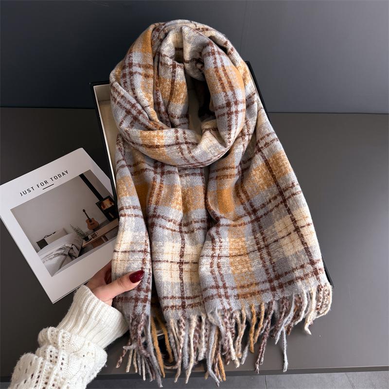 Korean Style Plaid Women's Winter Scarf Imitation Cashmere Warm Shawls Wraps Thicked Pashmina Female Blanket Scarves