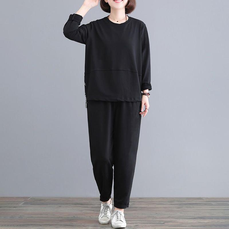 Suit Women Large Size Cotton Long-sleeved Shirt Pants Two-piece Round Neck Top and Longs Pants 2PC Suit