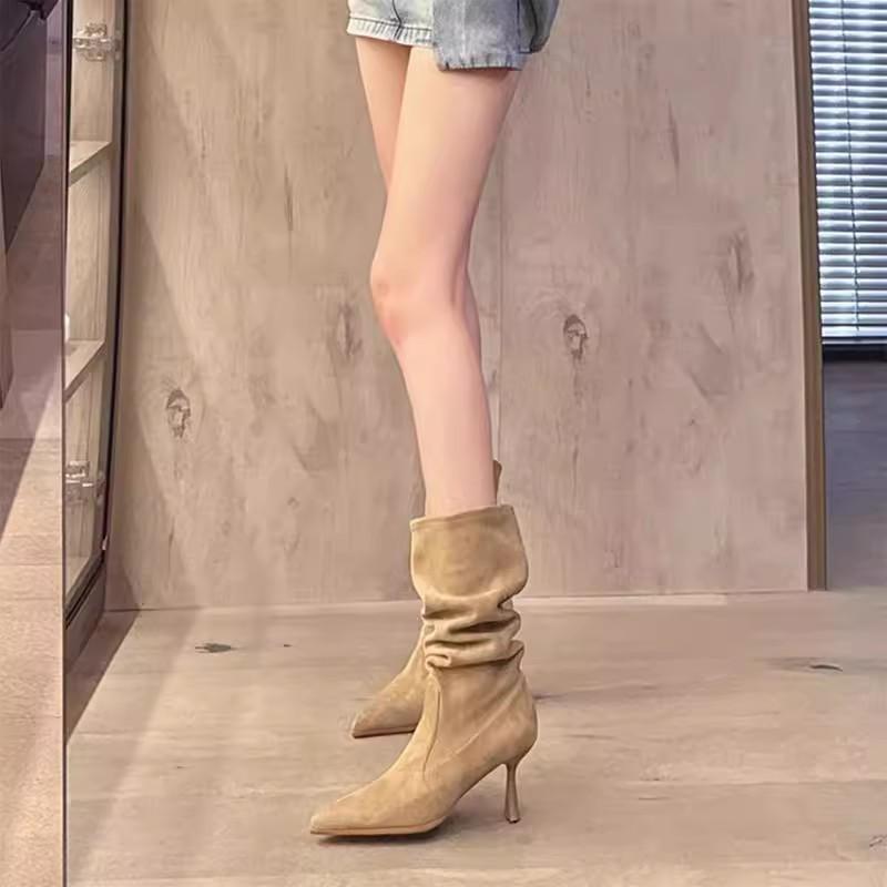 2025 осень и зима новые остроносые короткие ботильоны женские тонкий каблук замшевые средней длины сапоги-чулки на высоком каблуке эластичные тонкие ботильоны ботинки Мартин