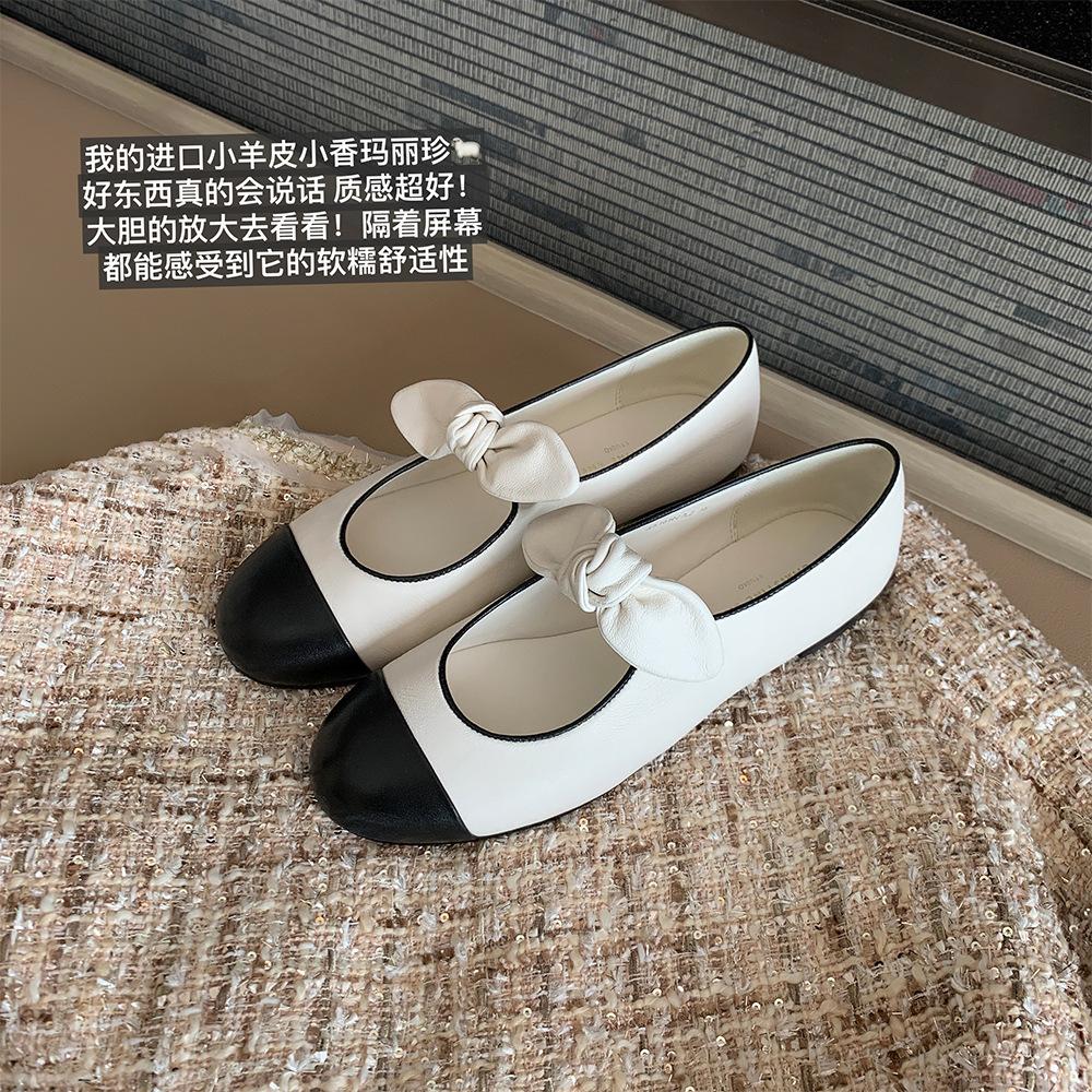 Sheepskin Version of Grape Mother, the Same French Retro Xiaoxiang Bow Mary Jane Shoes, Women's Light Mouth Flat Bottom Color Matching Single Shoes