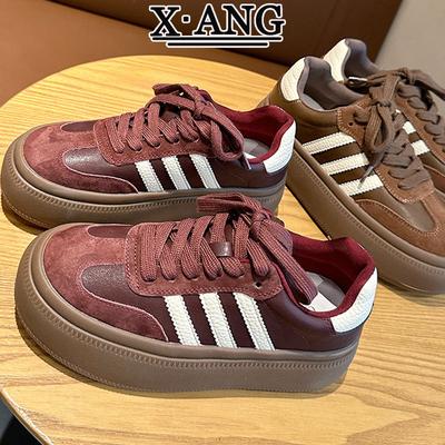 Ankola красные кожаные кроссовки на платформе женские туфли 2025 осень и зима новая универсальная ретро обувь для скейтборда повседневная спортивная обувь