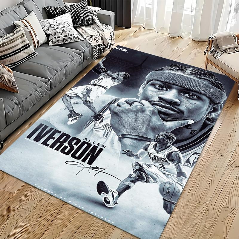 Sports Area Rug, Allen Iverson 76ers 3 White Jersey B&W Collage Poster, Fan Cave Decor, Non-Slip Mat