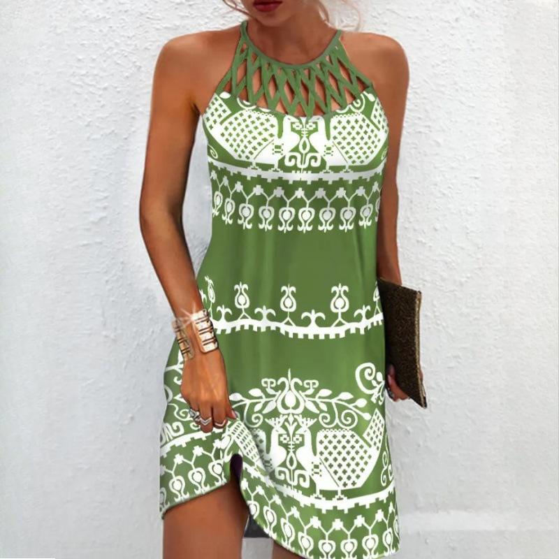 QICED Женская мода лето весна однотонный принт без рукавов с круглым вырезом и высокой талией повседневные платья