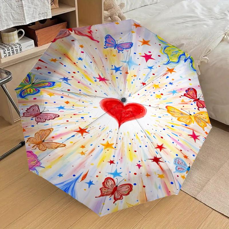 Colorful Butterfly Heart Auto Open Close Umbrella with Foldable Design,,Travelers,Daily Use,Festive Gift (8 Bones Iron Frame)1121071a
