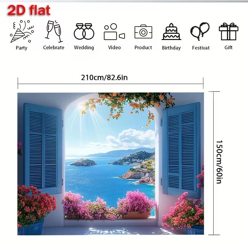 Coastal Home Decor Banner with Greek Island Window and Flowers