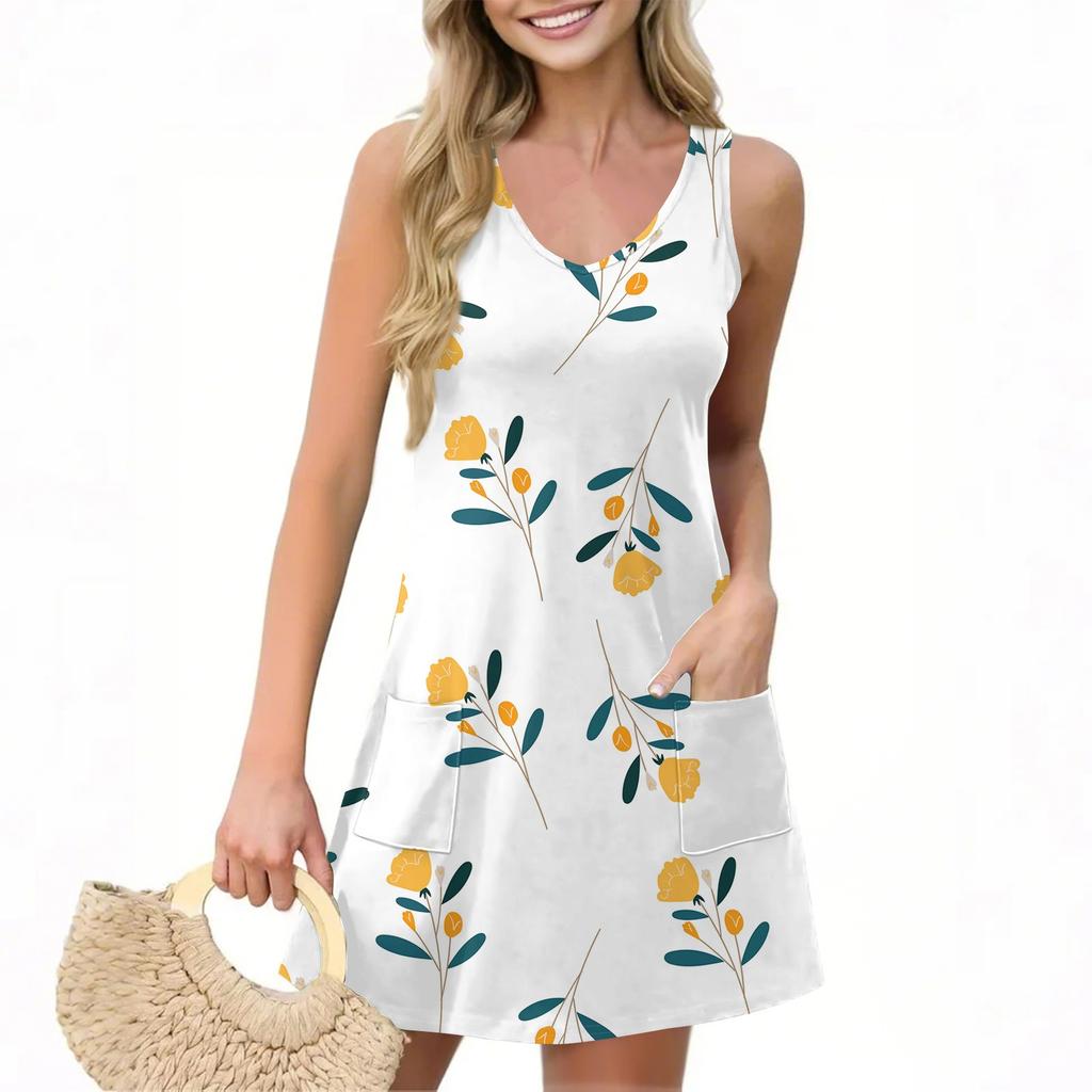 Женское повседневное летнее платье-жилет с карманами, цветочным принтом, V-образным вырезом, без рукавов