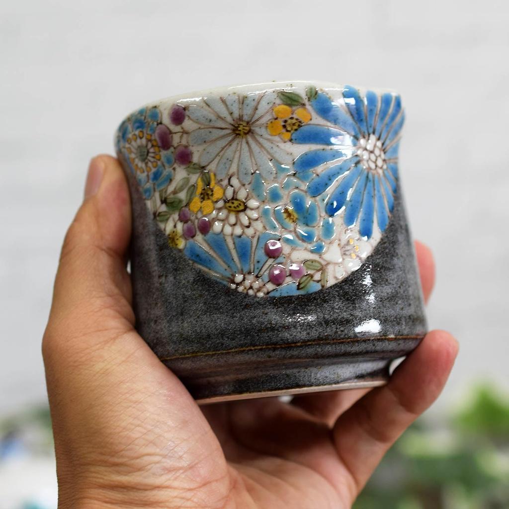 Stylish Kutani Ware Teacup, Hanazumi Blue, from Waza No Kura. A Great Gift for Birthdays, 60th, 70th, 77th, 80th, and 88th Birthdays.