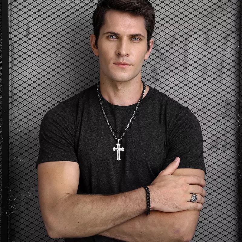 Men's Cross Necklace Gold Color Black Cross Pendant Stainless Steel Byzantine Chain Necklace Hip Hop Male Jewelry