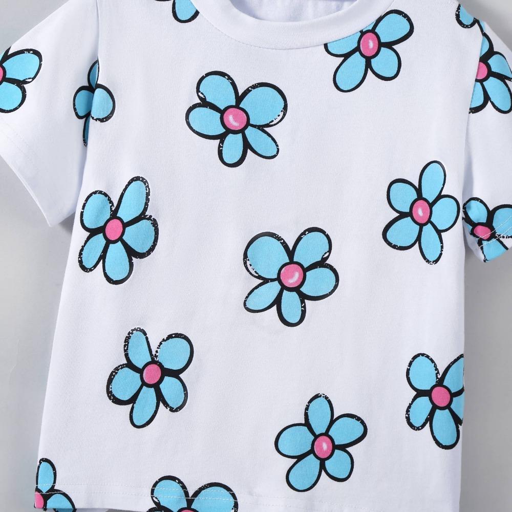 2-7 лет Топы из хлопковой смеси для девочек, повседневная детская футболка с милым цветочным принтом, летние детские футболки с круглым вырезом и короткими рукавами