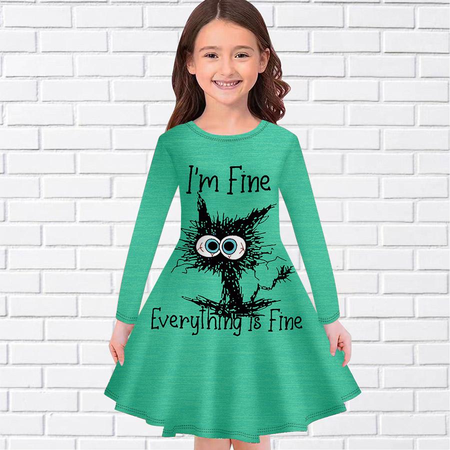 Повседневное платье для девочек с принтом «Глупый кот» и круглым вырезом, длинными рукавами, детское платье принцессы