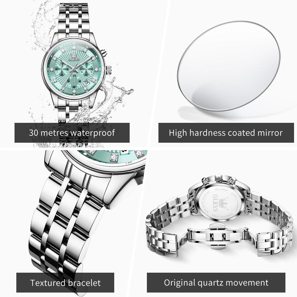 OLEVS Женские часы Оригинальный бизнес Автоматическая дата Водонепроницаемый хронограф Топ Роскошные Элегантные женские кварцевые часы с бриллиантами