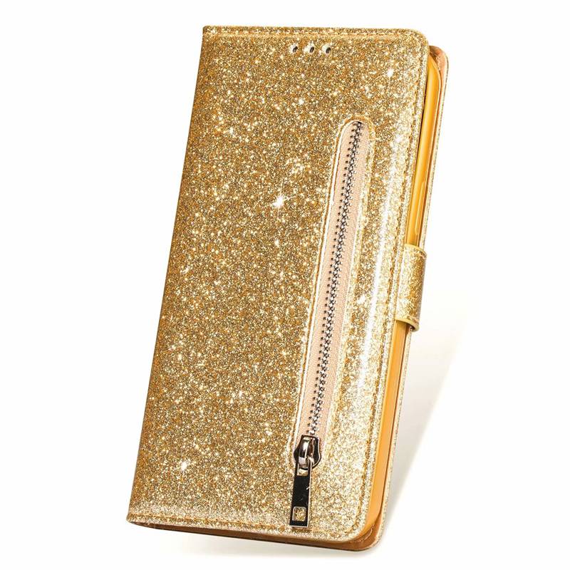 Защитный чехол для мобильного телефона с блестящим порошком, кожаный флип-чехол, чехол на молнии для iPhone Samsung Huawei Xiaomi, блестящий кошелек-сумка, роскошный женский модный подарок