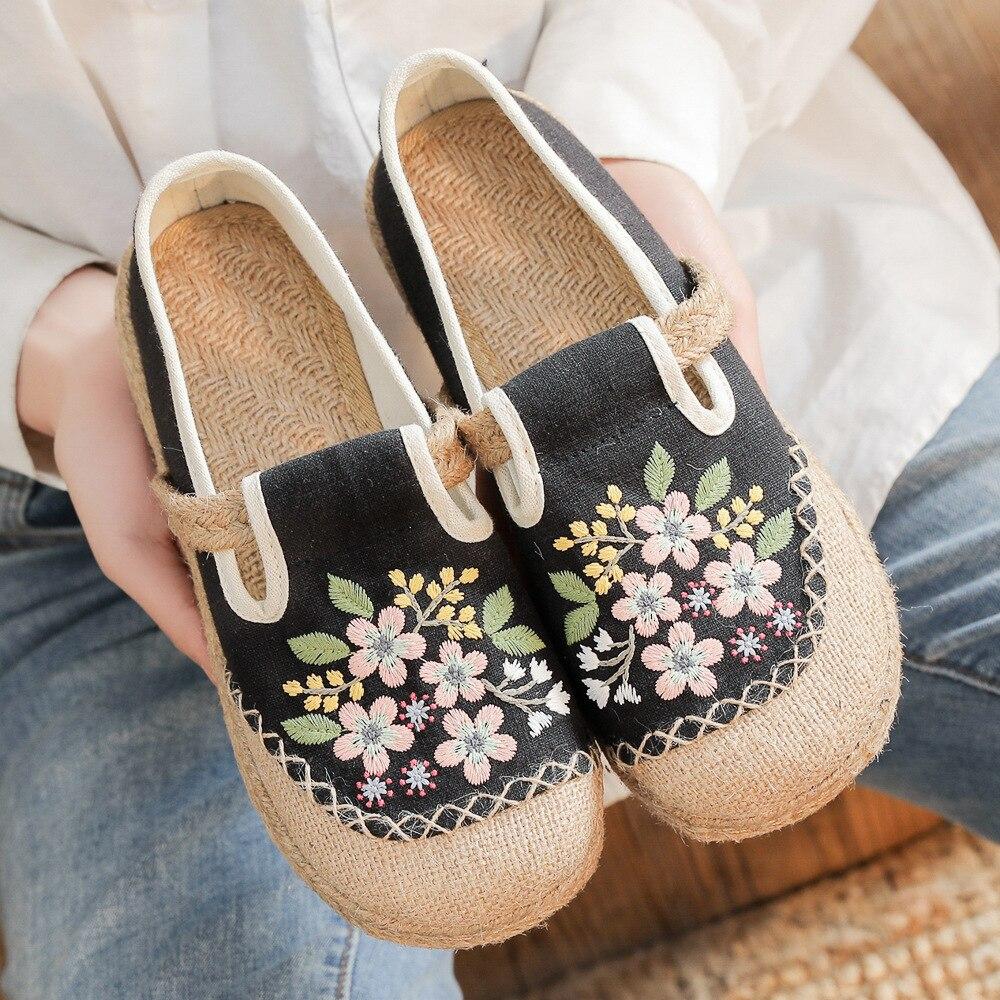 Женская обувь на плоской подошве с вышивкой, повседневная хлопково-льняная лаконичная удобная женская обувь ручной работы с круглым носком и цветочным принтом