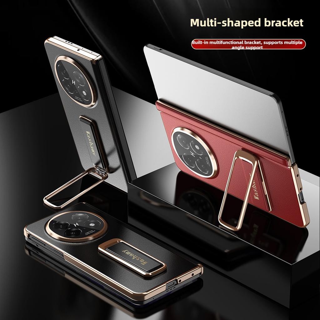 Luxury Magnetic Electroplated Genuine Cowhide Leather Case for OPPO Find N5 Axis Rotary Alloy Wrist Strap Bracket Hard Shell