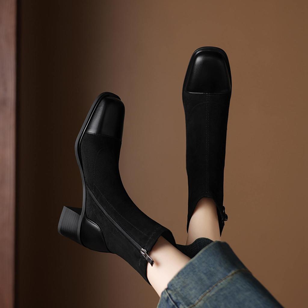 Krazing Pot Микрофибра Флок Квадратный Носок Средний Каблук Эластичные Сапоги Размер 43 Молния Женские Базовый Дизайн Ботильоны