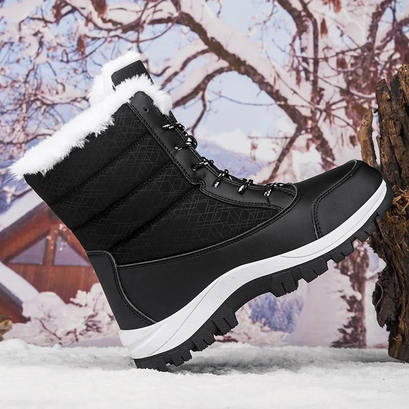 Женские ботинки Водонепроницаемые ботинки на каблуке для зимы Ботильоны на платформе Сохраняют тепло Зимняя обувь Плюшевые уличные короткие ботинки