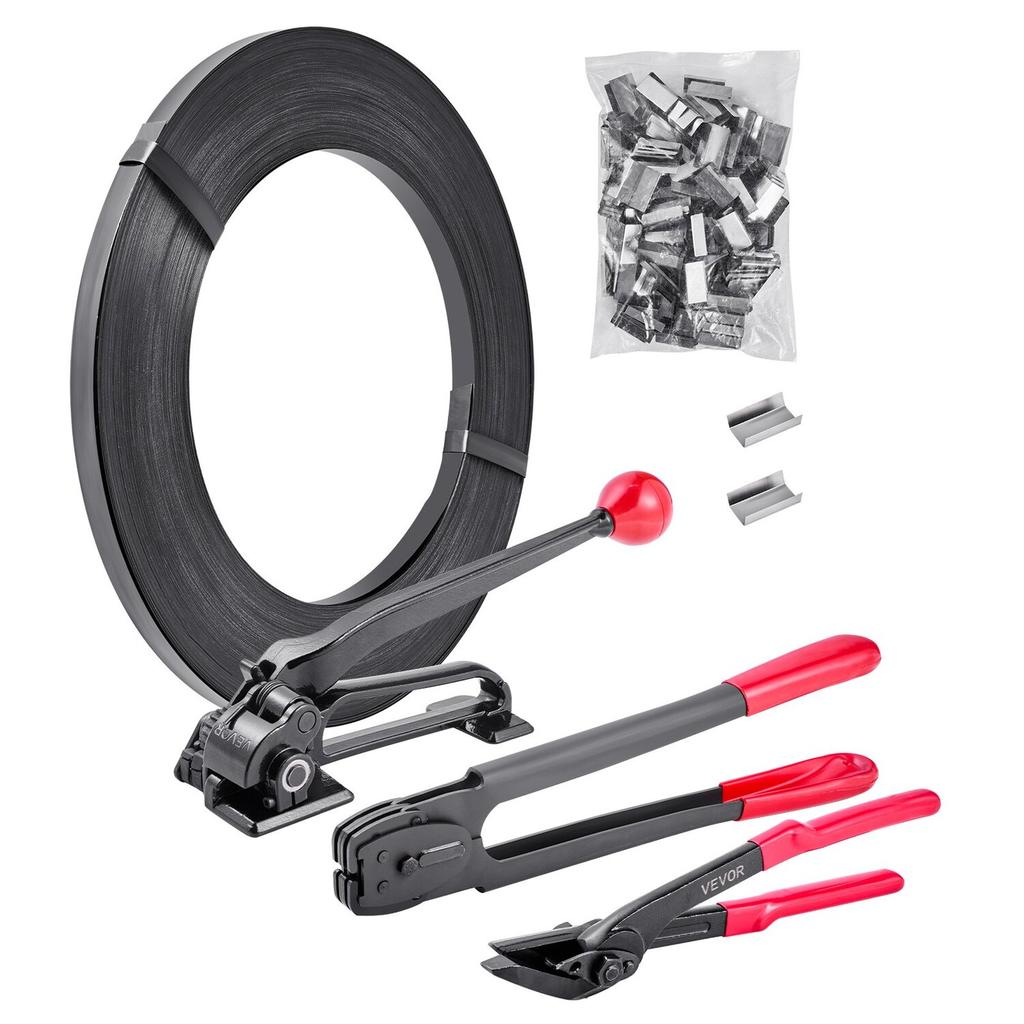Steel Banding Strapping Kit, Heavy Duty Banding Sealer Tool with 183 m Binding Straps, 300 Metal Seals, Manual Pallet Packaging Strapping Kit for