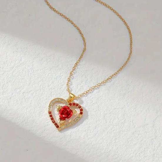 Women Necklace Rhinestone Heart Red Rose Pendant Contrast Color Polished Alloy Symbol of Passionate Love Neck