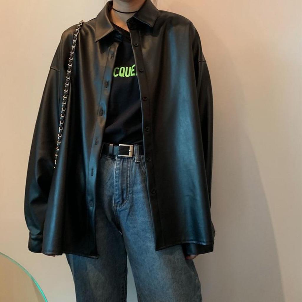 2021 Women Oversized PU Leather Blouses 2021 Spring Autumn Black PU Leather Basic Coat Turn Down Collar Motor Biker Jacket