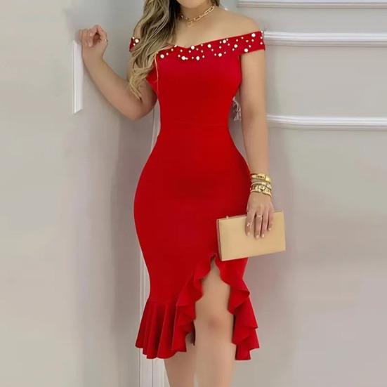 Вечернее платье с открытыми плечами, без рукавов, с неровным оборчатым подолом, облегающее, однотонное, с искусственным жемчугом, миди-платье для выпускного вечера, свадьбы