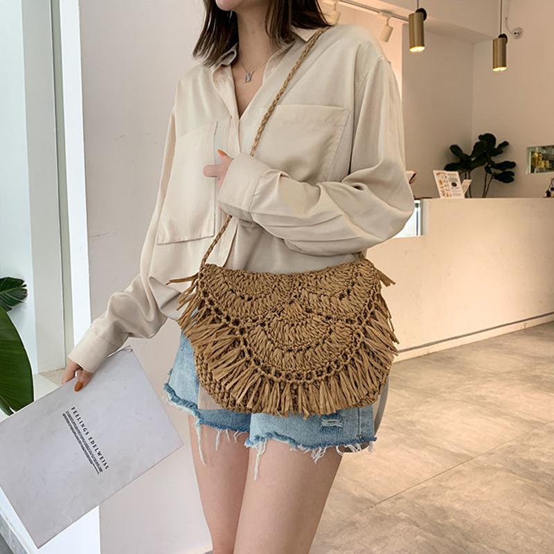 Соломенная сумка с кисточками для женщин, богемная пляжная сумка, тканая маленькая сумка через плечо, летняя полая сумка на плечо, женская сумка, кошелек