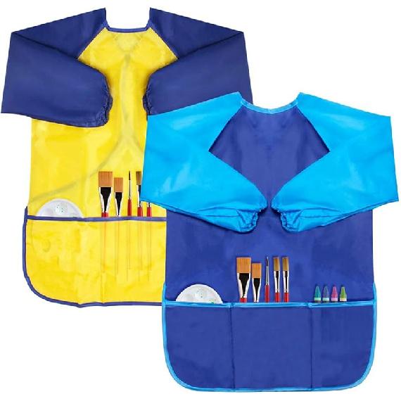 Kids Art Smocks 2 Pack Painting Smock with Long Sleeve and 3 Pockets for Age 3-8