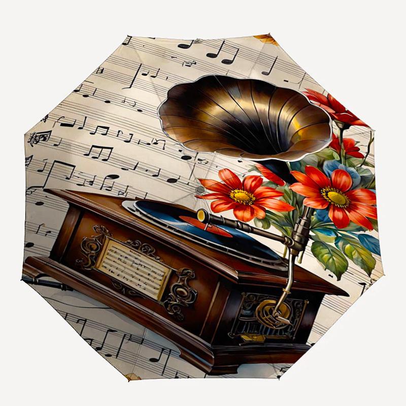 1pc Vintage Gramophone with Flowers and Sheet Music Umbrella with Plastic Handle,Suitable for All Seasons Home Travel Outdoor Umbrellaptys31012