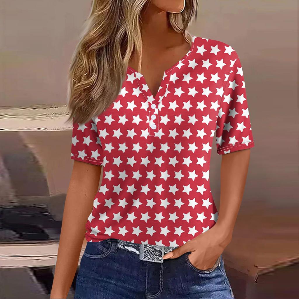 Жен. Футболка Футболка С принтом Пуговицы С короткими рукавами Повседневные Выходные Мода Классический V-образный вырез Обычный Верх