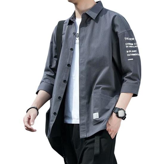 Лето-весна мужская рубашка однобортный свободный кардиган с карманами сплошной цвет мягкий дышащий отложной воротник рукава три четверти рубашка-карго пальто