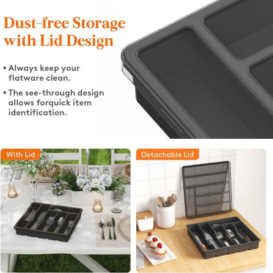Cutlery Storage Box with Lid 6 Compartments Plastic Organizer for Kitchen Drawer And Countertop BPA-Free Tableware Holder Case for Spoons Forks