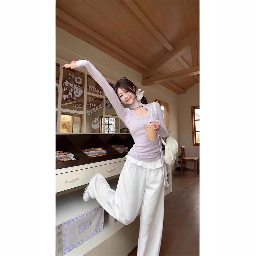 Женская весенняя ветрозащитная футболка с длинными рукавами и лентой, состоящая из двух частей