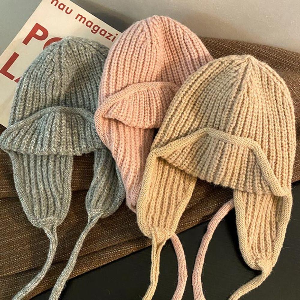 Solid Color Knitted Flying Cap Korean Style Woolen Crochet Cap Fashion Beanie Hat  Winter