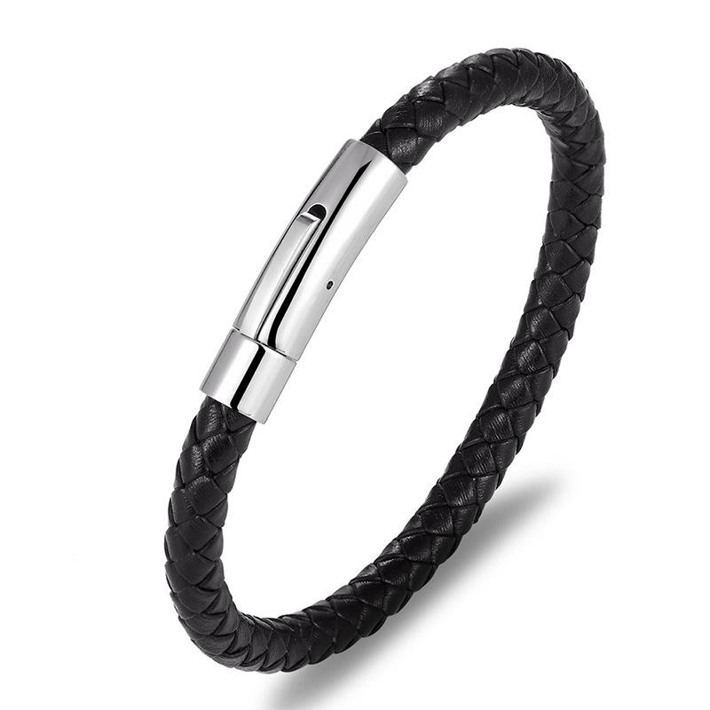 Simple Hip-hop Titanium Steel Braided Leather Bracelet Black Stainless Steel Punk Men's Bracelets Casual Sports Cycling Jewellery Accessories