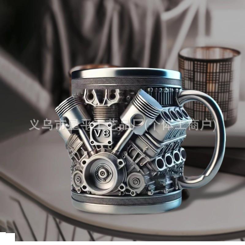 V6 V8 Engine Themed Resin Coffee Mug 3D Mechanical Design Novelty Gift Car Enthusiasts Office Decor